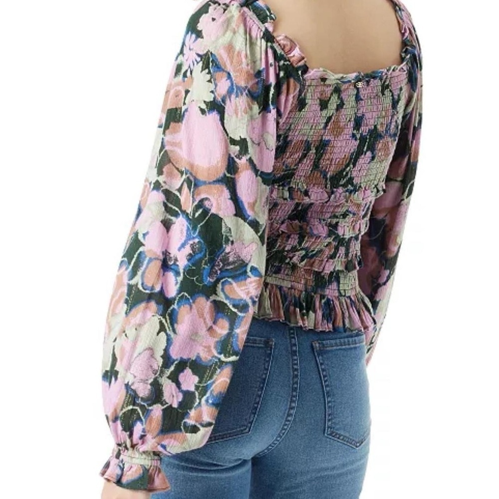 🌟 NWT Sam Edelman Misha Printed Smocked Ruffle Top – XL